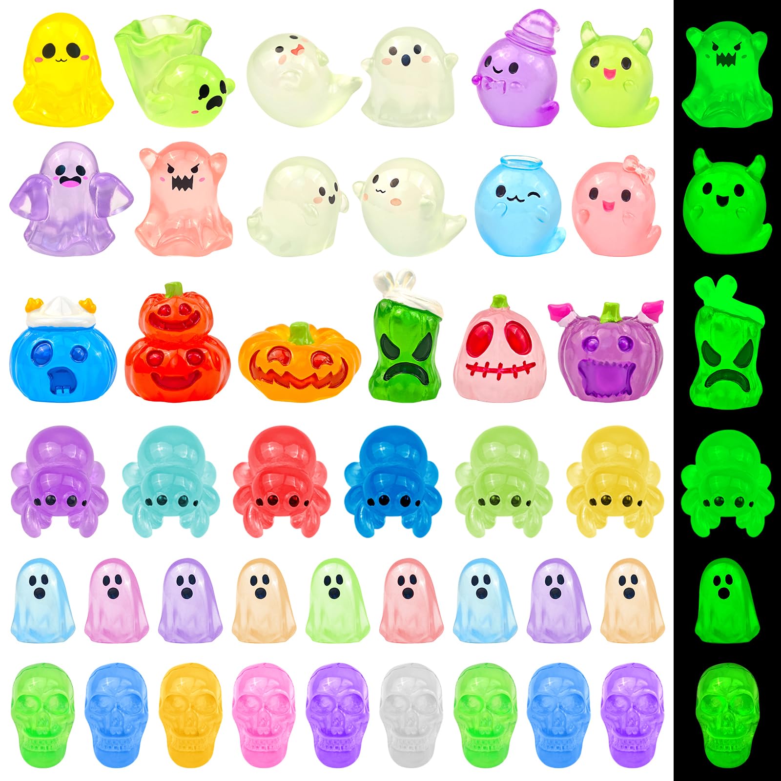 Photo 1 of Feivando 60 Pcs Halloween Luminous Mini Resin Figures Glow in The Dark Tiny Little Resin Pumpkin Ghost Spider Skull Miniature Figurines for Crafts Micro Landscape Fairy Garden Party Decor