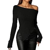 Milumia Women's Sexy Ribbed Knit Asymmetrical Hem Long Sleeve Shirts Top One Off The Shoulder Crop Top