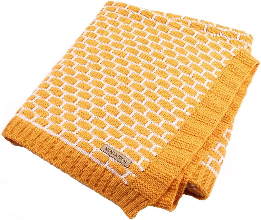 MiMiXiong Baby Blankets Knitted Toddler Boys Girls White Plaid Crochet Swaddle Wrap Newborn Quilt(Dust Yellow)