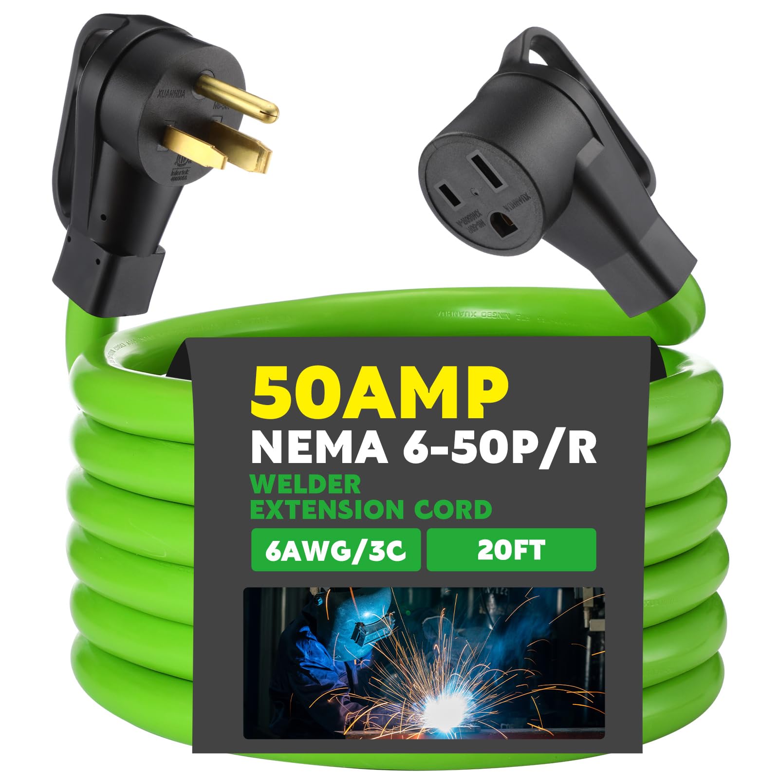 Photo 1 of Kanayu 20FT 50Amp 6AWG Welder Extension Cord Compatible with NEMA 6-50P to 6-50R Power Extension for Welding Machines 50A 250Volt 3-Prong 6 Gauge Heavy Duty Welding Cable, ETL Listed(20 ft)