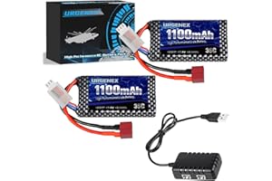 URGENEX Lipo Battery 7.4V 1100mAh RC Battery with Deans T Plug 35C High Discharge Rate 2S Lipo Battery Compatible with HBX, BEZGAR and Most 1/10, 1/12, 1/16, 1/18 Scale RC Car Truck with 1TO2 Charger