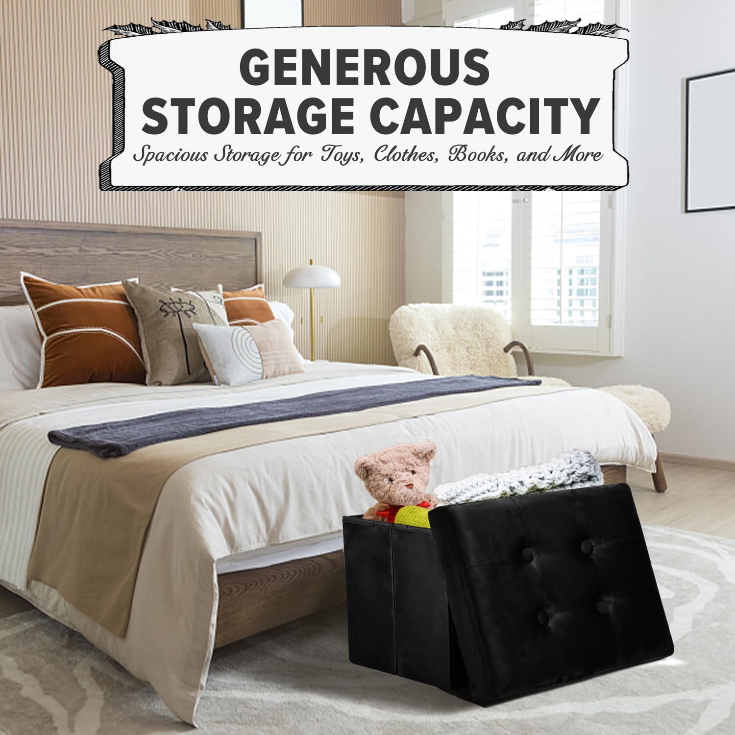 LINMAGCO Storage Ottoman Folding Foot Stool Velvet Ottoman Foot Rest with Padded Modern Ottoman with Storage for Living Room Puppy Step Stool 17x13x13in(Black) - Image 5