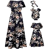 PopReal Mommy and Me Dresses Floral Printed Chiffon Bowknot Ruffles Short Sleeve Beach Mom Daughter Matching Outfits