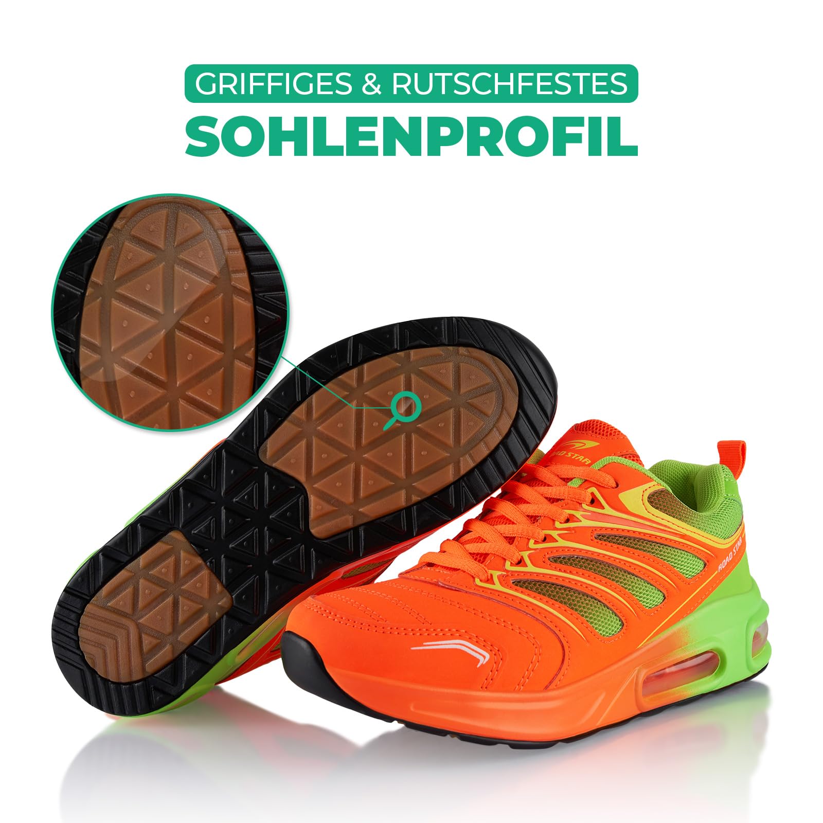 Fusskleidung® Damen Herren Sportschuhe Dämpfung Sneaker leichte Laufschuhe Orange Grün EU 36 4