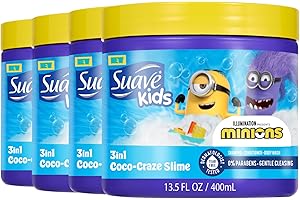 Suave Kids Minions Coco-Craze Slime 3-In-1 Shampoo, Conditioner, and Body Wash, For Tear-Free and Gentle Cleansing, 13.5 oz, 4 Pack