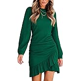 CUPSHE Women Knit Ruched Fall Dress Smocked Ruffle Hem Crew Neck Long Sleeve Bodycon Sexy Casual Holiday Mini Dress