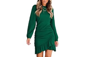 CUPSHE Women Knit Ruched Fall Dress Smocked Ruffle Hem Crew Neck Long Sleeve Bodycon Sexy Casual Holiday Mini Dress