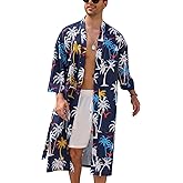 ODIZLI Men's Kimono Robe Tropical Print Long Sleeve Open Front Robe with Belt Japanese Bathrobe Nightgown for Beach Vacation