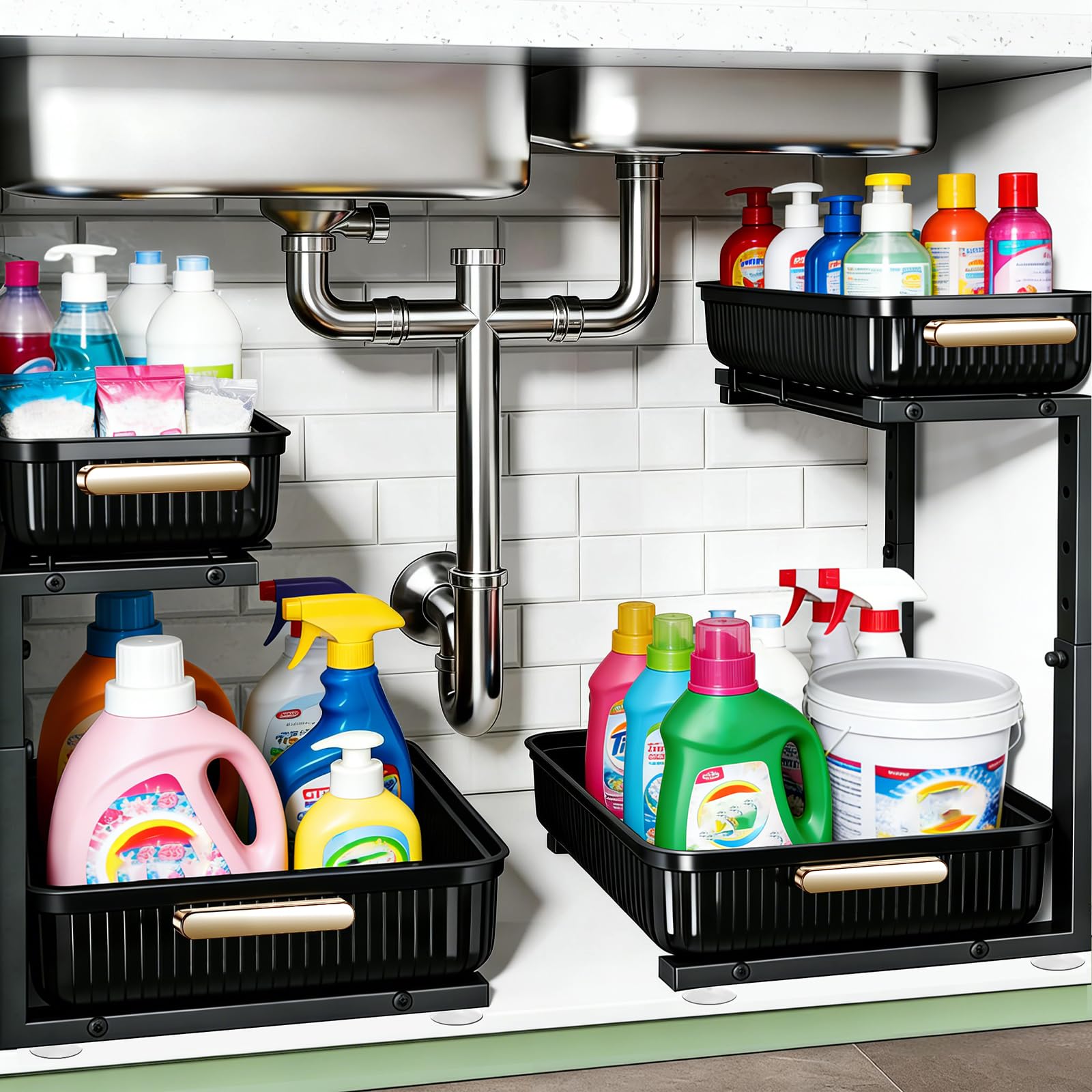 Photo 1 of ARSTPEOE Under Sink Organizer - 2 Packs Multi-Purpose Pull-Out Storage Organizers, Slide out Pull out Cabinet Organizer Shelf, Storage for Kitchen Bathroom, Black