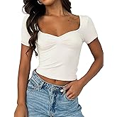 TiulZial Women's Short Sleeve Going Out Crop Top Sexy Pleated Cute Shirt Sweetheart Neck Y2K Ruched Cropped Tops