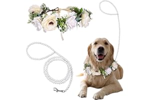 HAIABEI Pearls by Dog Wedding Collar and Leash Set - Elegant Flower Headband with Beaded Pearls - Adjustable Floral Collar (Medium)