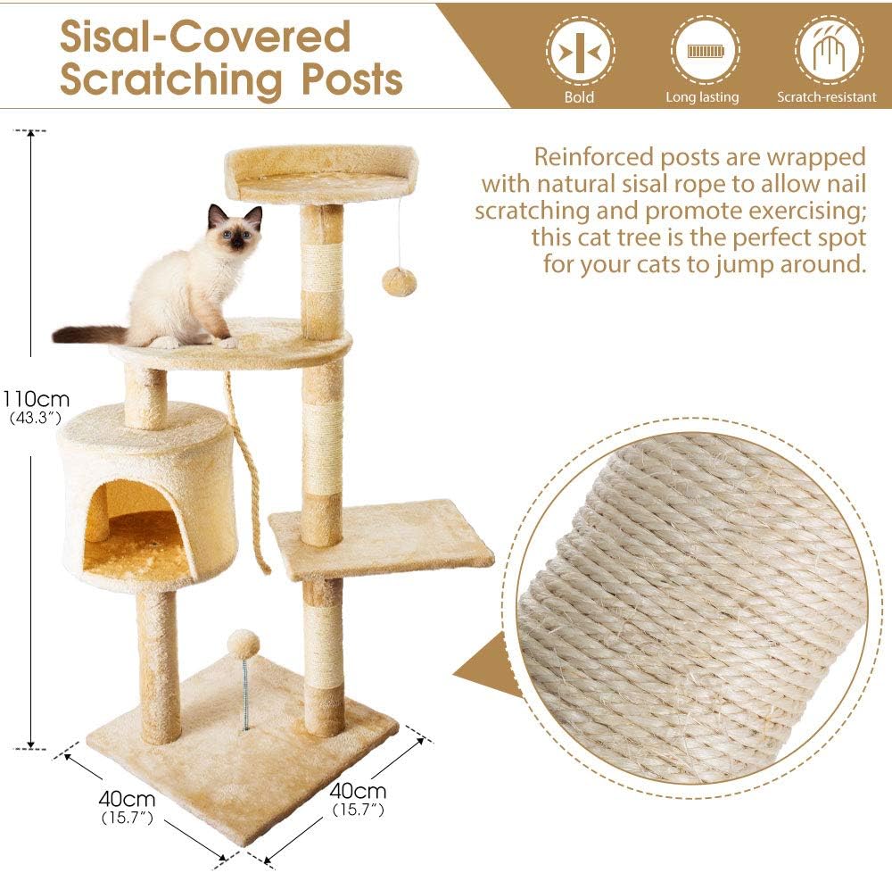 Cat Tree Condo Multi-Level Cat Tower with Sisal Scratching Posts, Cat Scratching Furniture Plush Perches Kitten Activity Tower Kitty Play House, Beige : Pet Supplies