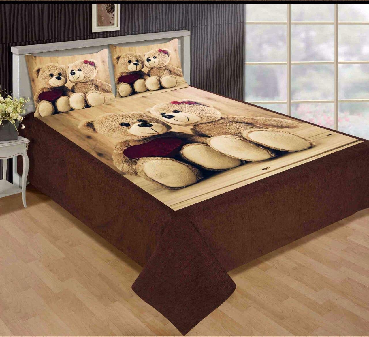 Delight Zone Prime Collection 300TC King Size Digital Printed Velvet Double Bedsheet with 2 Pillow Covers (Multicolour, 95 x 105 Inch) - Couple Teddy