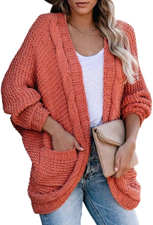 Imily Bela Womens Chunky Knit Oversized Cardigan Fall Batwing Sleeve Open Front Slouchy Pocket 