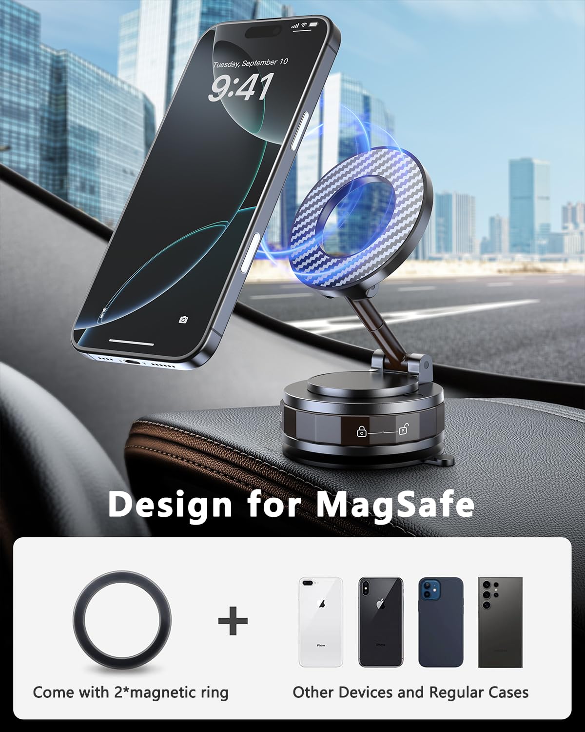 Vacuum Magnetic Car Phone Holder for Mag-Safe [89+LBS Suction & 3200gf Magnetic] 360° Adjustable Ultra Suction Cup Phone Holders for Your Car, Car Mount for iPhone 17 Pro Max 16 15 14 13 12 Air Plus