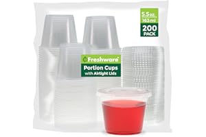 Freshware Plastic Portion Cups with Lids [5.5 Ounce, 200 Sets] Souffle Cups, Jello Shot Cups, Condiment Sauce Containers For Sampling, Sauce, Snack or Dressing
