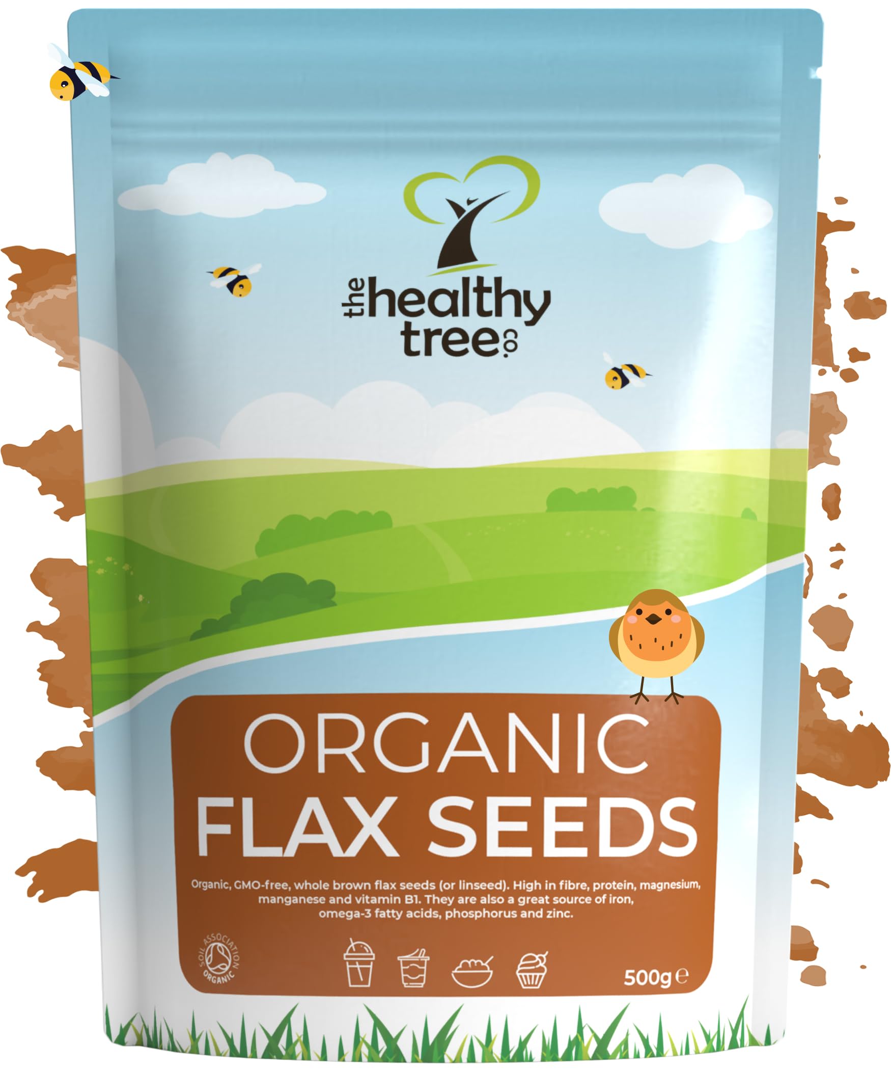 Organic Raw Flax Seeds (Linseed) by TheHealthyTree Company - Brown, Whole, High in Omega 3, Fibre, Magnesium and Vitamin B1 - Vegan Flaxseeds (500g)
