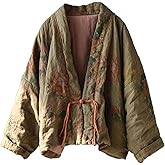 LUZU JUNU Women's Floral Printed Short Quilted Jacket Open Front V-Neck Shawl Collar Drop Shoulder Vintage Outwear
