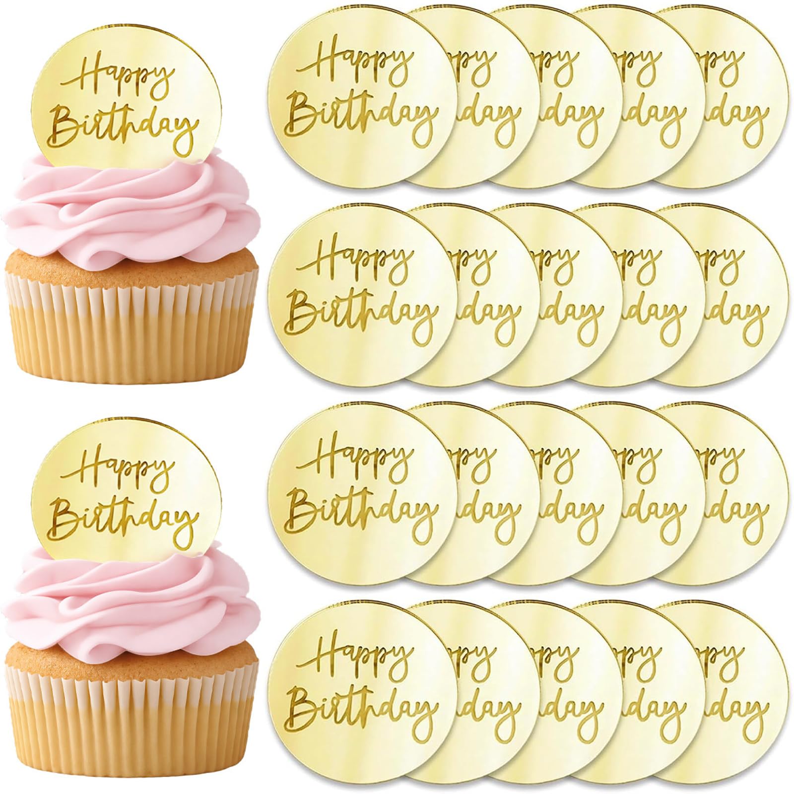 24 Pcs Round Happy Birthday Cake Toppers Disc 2inch/5cm, Gold Mirror Acrylic Cupcake Toppers – for DIY Birthday Party Anniversary Pastries Decorations