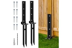 ZZM 2 Pack Fence Post Anchor Kit, Heavy Duty Steel Fence Post Repair Stakes, Fence Post Anchor Ground Spike for Repairing Tilted Broken Wooden Fence Post, Black