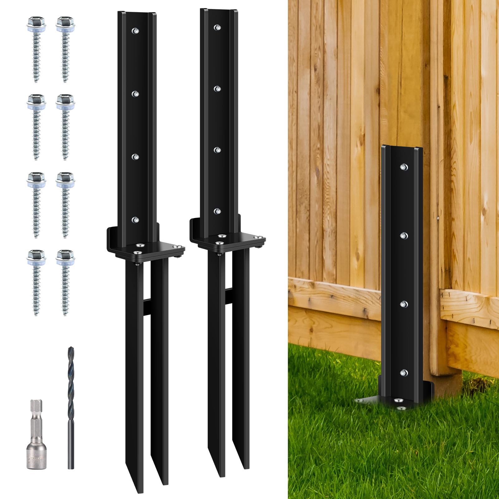 Photo 1 of 2 Pack Fence Post Anchor Kit, Heavy Duty Steel Fence Post Repair Stakes, Post Anchor Ground Spike for Repairing Tilted Broken Wood Support, Black