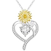 Naixio Sunflower Heart Birthstone Necklaces for Women, 925 Sterling Silver Jewelry, Pendant Heart Necklace Birthday Anniversary Valentines Gift for Wife Mom Girlfriend Daughter Lady