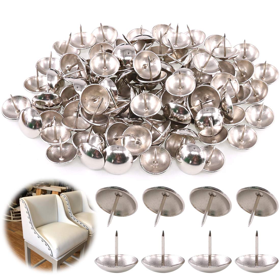 Keadic 100Pcs 1" (25mm) Antique Upholstery Tacks Furniture Nails Pins Assortment Kit for Upholstered Furniture Cork Board or DIY Projects - Silver