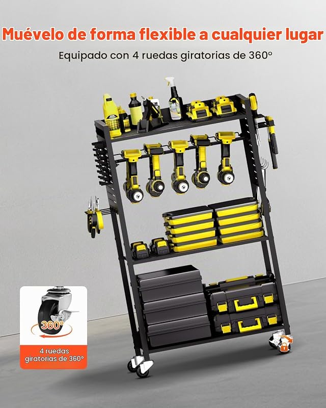 Carrinho organizador de ferramentas de 4 níveis, carga de 68 kg, suporte para broca com rodas e prateleira de armazenamento estável, carrinho robusto para garagem, preto