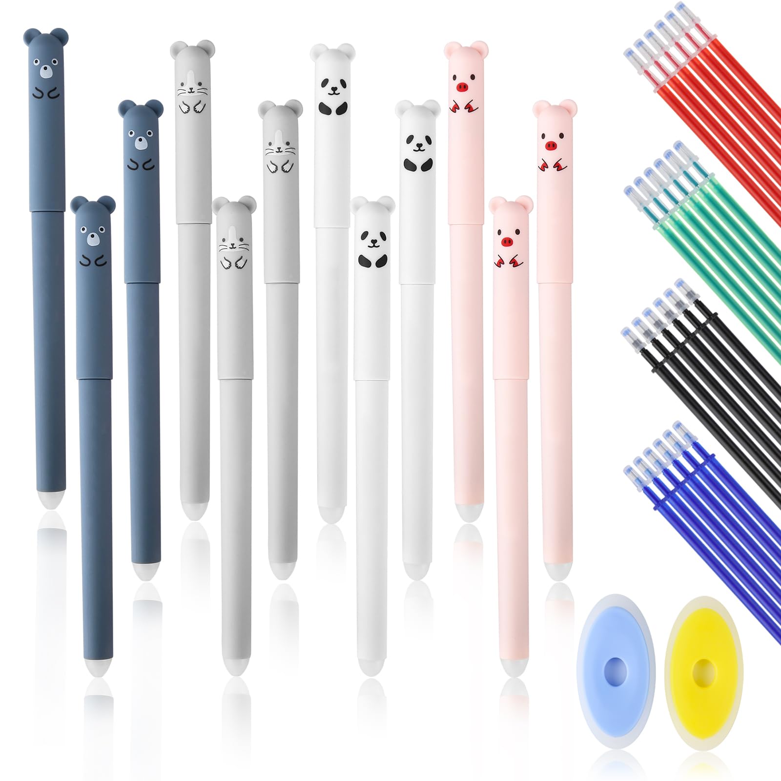 lahnao 12Pcs Erasable Pens, 0.35mm Rub Out Pens with 24 Refill and 2 Eraser, Multiple Ink Colors Cartoon Cute Animal Pen for Students, School Offices(Black, Red, Blue, Green)