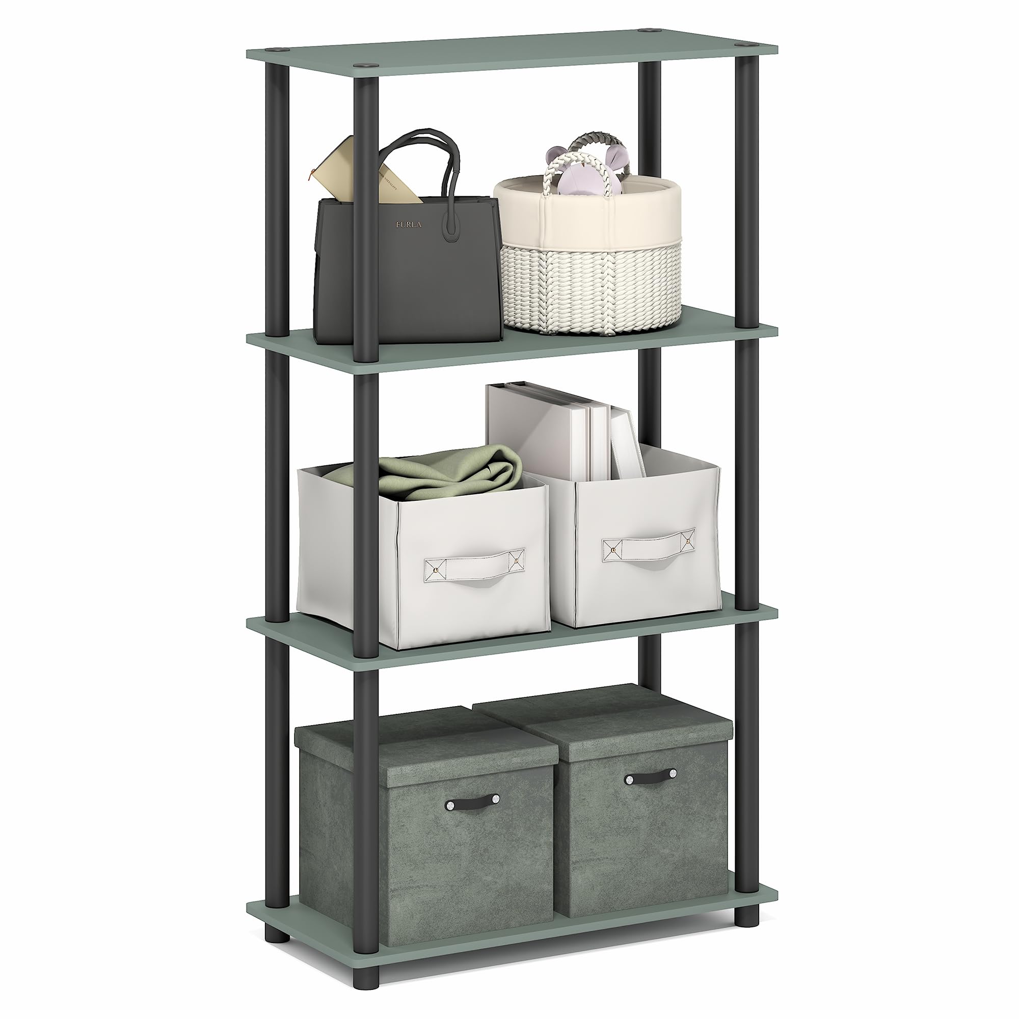 Furinno Turn-N-Tube Storage Shelves, 4-Tier Toolless Book Shelf, Corner Shelf, Toolless Open Shelves, for Organization and Storage, Living Room, Garage, Home Office, Sage Green Image