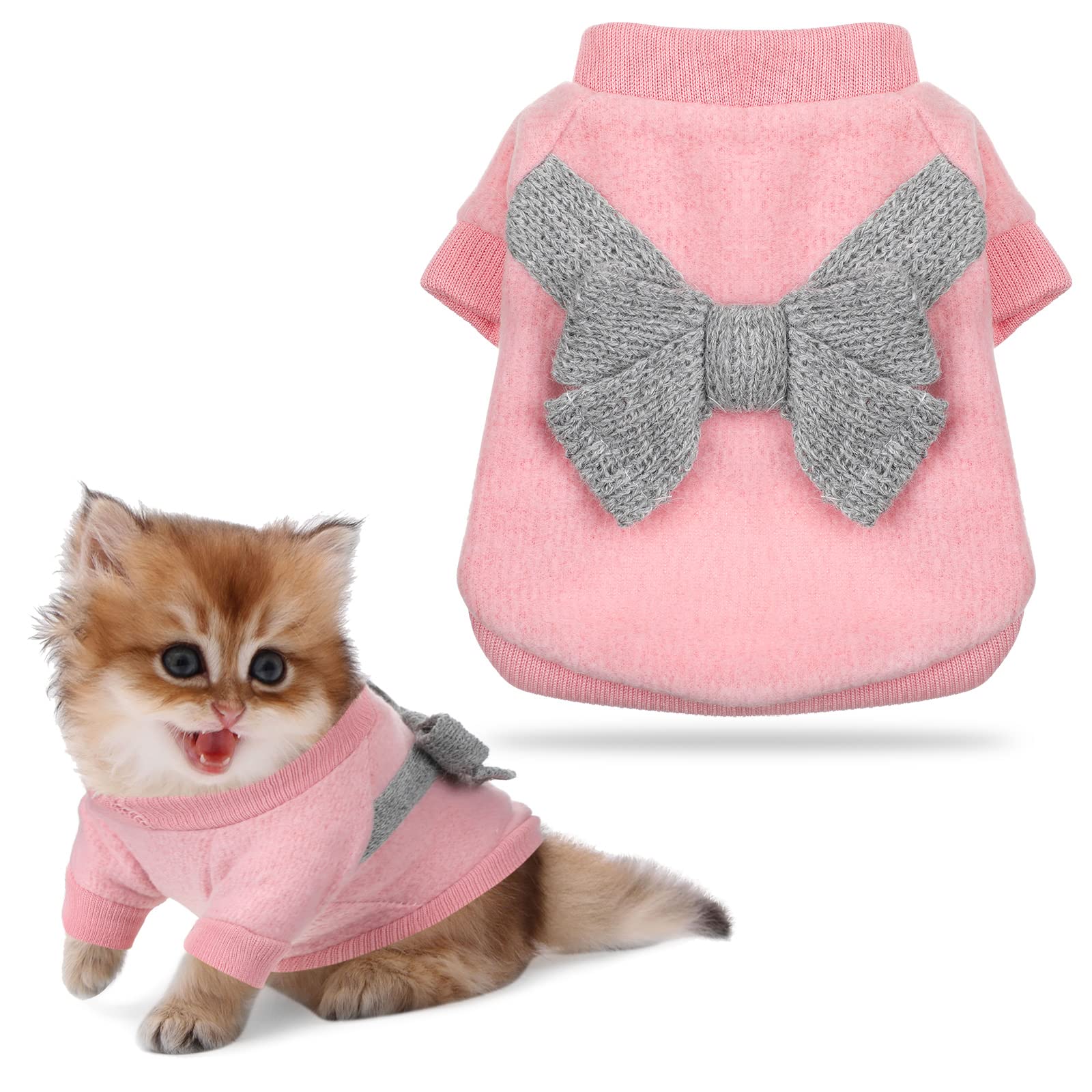Cute Cat Warm Jumper Sweater Pet Bow Knitwear Winter Dog Clothing Small Puppy Coat Dog Sweater for Chihuahua Yorkshire Christmas Apparel Clothes (Pink, Gray)