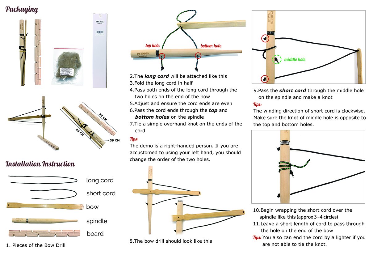 SURVIVAL KOOK Primitive Fire Bow Drill Fire Starter Kit Drill Wood to
