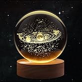 Flexzion 3D Solar System Crystal Ball Night Light - LED Light Hologram Glass Lamp with Solid Wood Base, USB Powered Crystal Ball Lamp w/Adjustable Brightness for Home Decor Display Gift,2.4inch(60mm)
