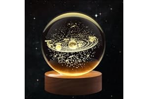 Flexzion 3D Solar System Crystal Ball Night Light - LED Light Hologram Glass Lamp with Solid Wood Base, USB Powered Crystal B