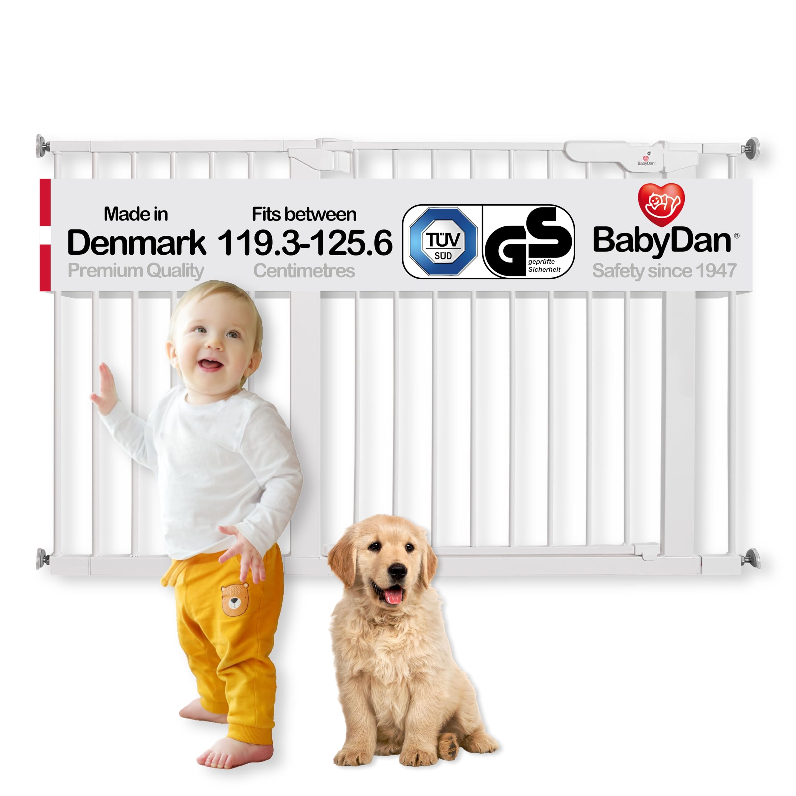 BabyDan Premier, Extra Wide Pressure Fit Stair Gate, Covers openings between 119.3-125.6 cm/47-49.4 inches, Baby Gate/Safety Gate, Metal, White, Made in Denmark - (Pet Gate/Dog gate)