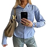 Women Y2k Button Down Slim Fit Shirt Lapel V Neck Striped/Solid Long Sleeve Blouse Back Tie Work Office Top