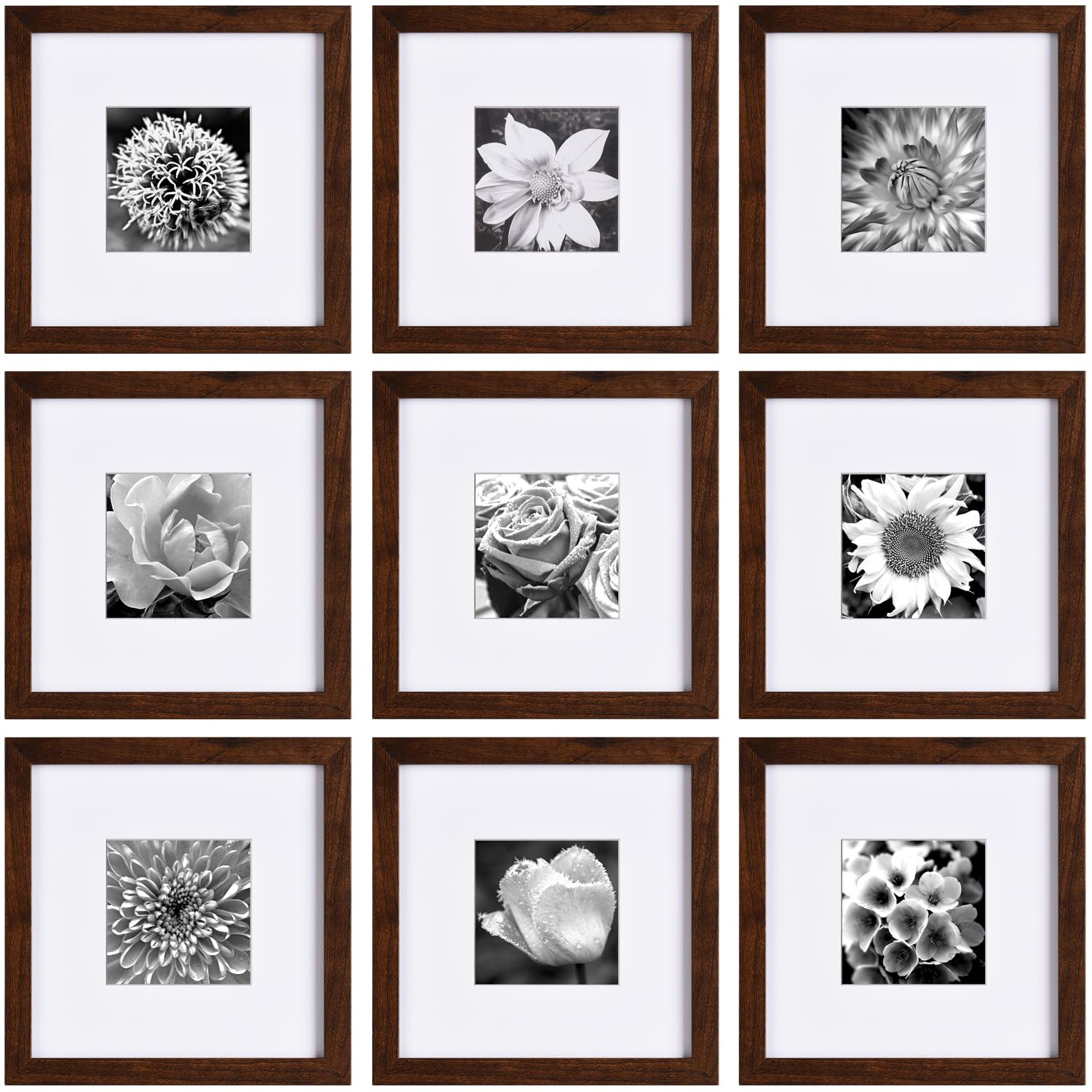 Photo 1 of Yaetm 8x8 Picture Frame with Mat for 4x4 Set of 9, Square 8x8 Frame Brown Wood Grain, Gallery Wall Frames 8 x 8 for Wall Mounting Display (9 Pack, Brown)
