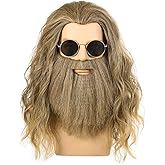 FALAMKA Long Curly Blonde Wig with Mustache Golden Brown Wig Cosplay Costume Halloween