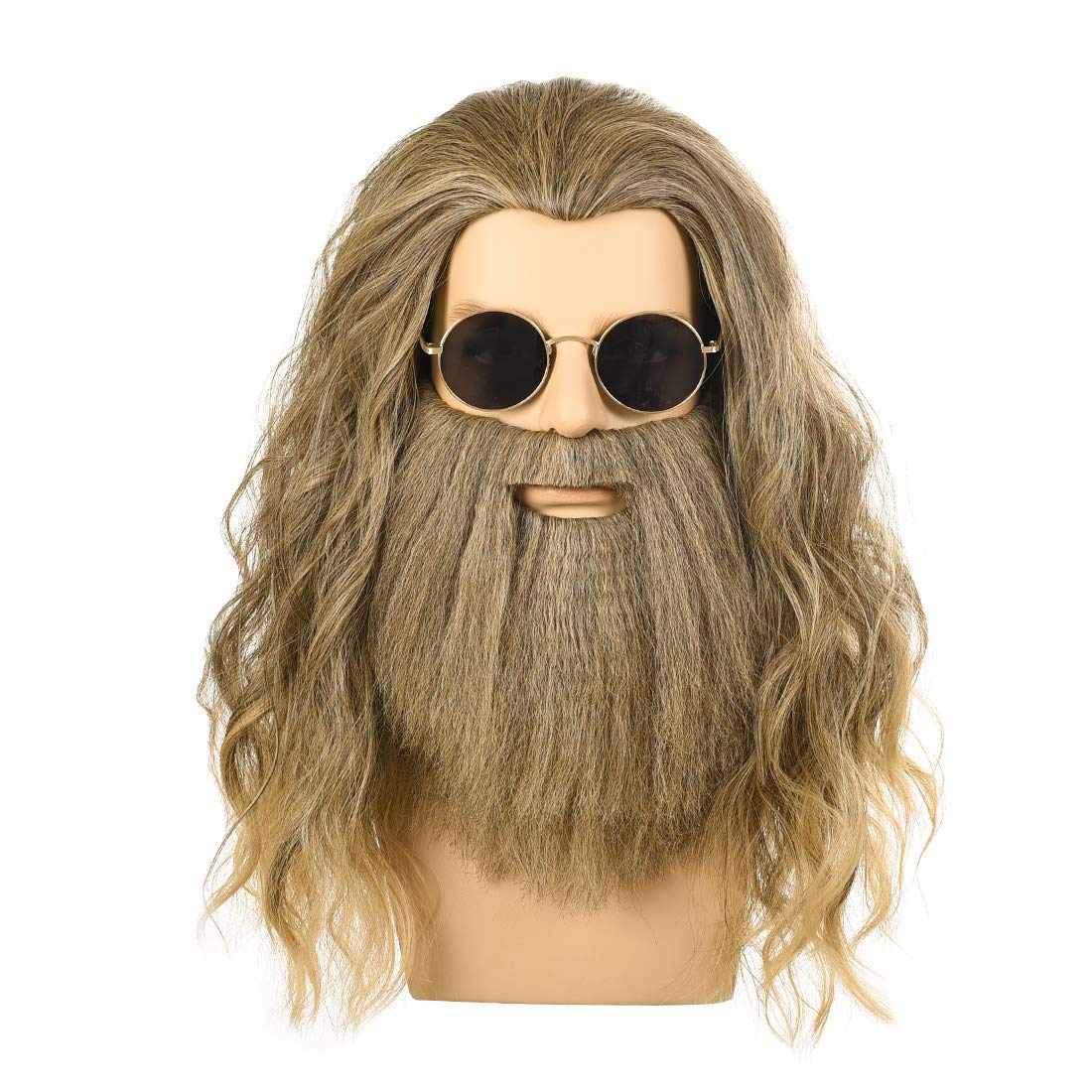 Photo 1 of FALAMKA Long Curly Blonde Wig with Mustache Mens Golden Brown Wig Cosplay Costume Halloween
