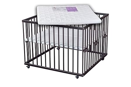 Laufgitter dunkelbraun 100x100 Buche mit Matratze und gummierten Rollen TÜV geprüft