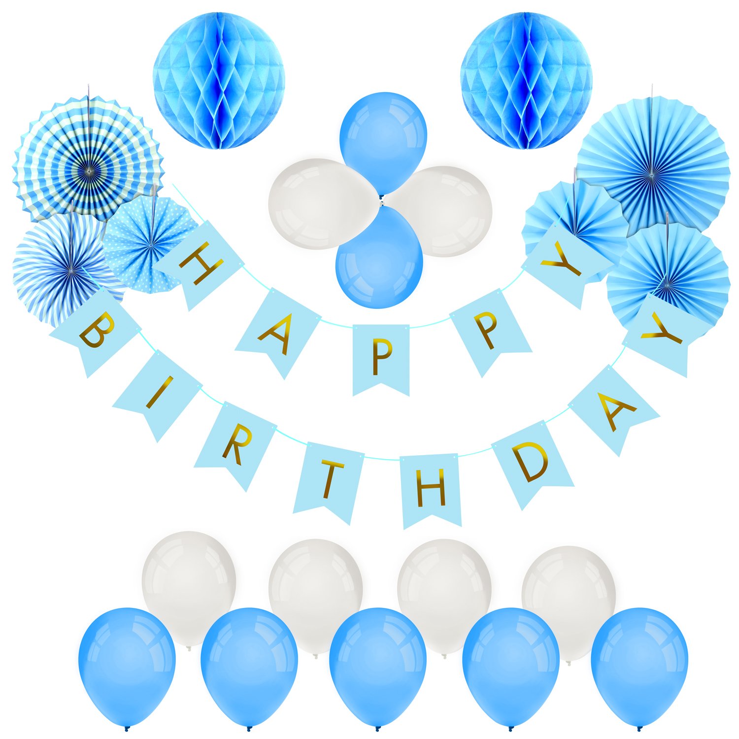 Foonii 22Pièces Happy Birthday Bleu Bannière Tissue Joyeux anniversaire Fête Thème Bleu Boules de Fleur en Papier Lanterne Guirlandes Fanions Kit, Thème Bleu anniversaire Fête