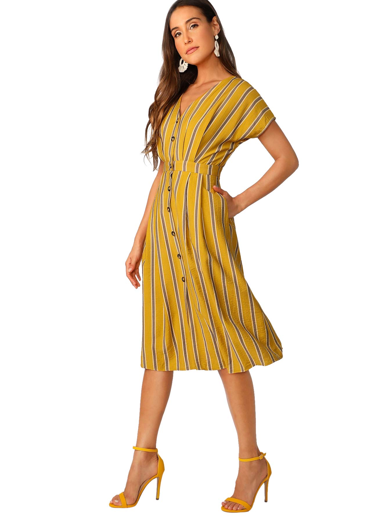 Romwe Women's Elegant Striped Aline Shirt Dress with Pockets