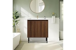 JINDOLI 30 Inch Bathroom Vanity with Sink, Modern Design for Small Spaces, Space-Saving Wall-Mounted Feature, Soft-Closing Doors for Quiet Use, Elegant Walnut Finish for Contemporary Style（White Sink）