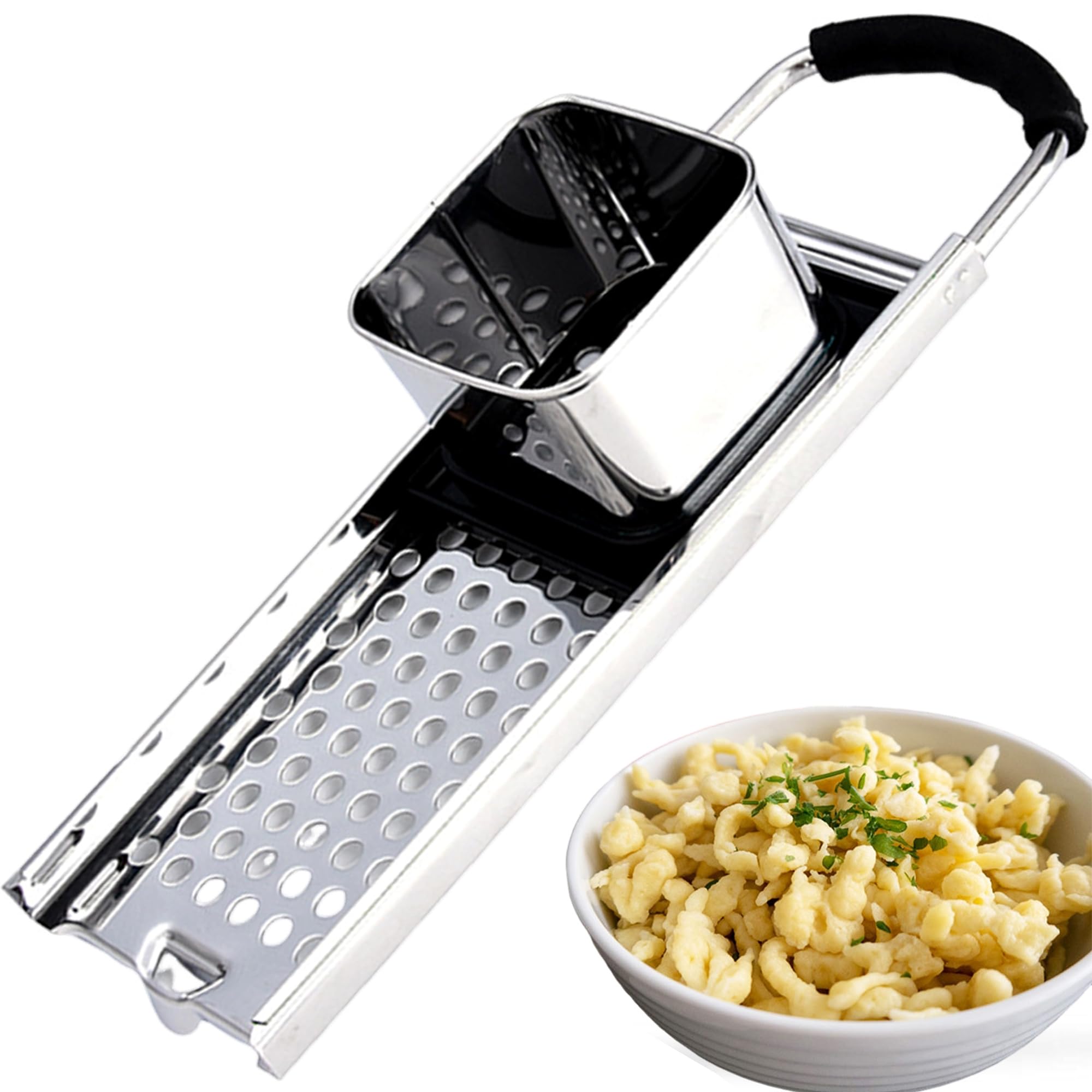 WDEC Stainless Steel Spaetzle Maker, Kitchen Pasta Cooking Tools, with Safety Pusher Dough Scraper Manual Pasta Cooking Tools, with Comfort Grip Handle, 32.5 x 11 x 6.5cm