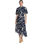 Maggy London Womens Floral Printed Flutter Sleeve Midi Dress with Twist Mock Neck and Asymmetrical Hem