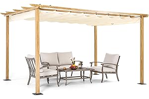 HAPPATIO 10' X 13' Pergola Retractable Pergola Canopy for Backyard, Garden, Patio; Woodgrain-Look Aluminum Pergola with Retractable Pergola Canopy, Includes Anchors and Expansion Screws (Beige)