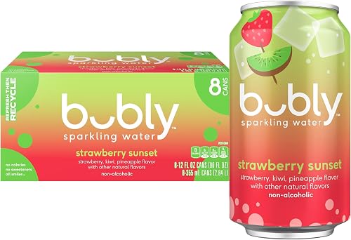 bubly agua con gas Strawberry Sunset, cero azúcar y calorías, latas de — Agua y aguas con gas