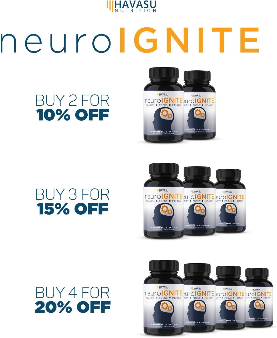 Havasu Nutrition Extra Strength Brain Supplement for Focus, Energy, Memory and Clarity, Mental Performance Nootropic with St Johns Wort, Supports Brain Function for Men and Women - 30 Capsules: Health & Personal Care