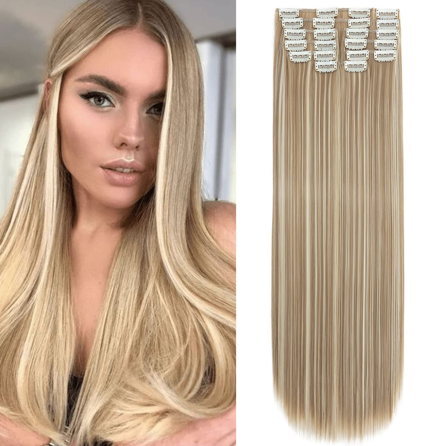 S-Noilite 22 Inches Long Straight Hair Extensions Clip in Full Head 12PCS Hair Extensions Clip on Synthetic Fiber Hairpieces for Women - Sandy Blonde mix Bleach Blonde โ image 1