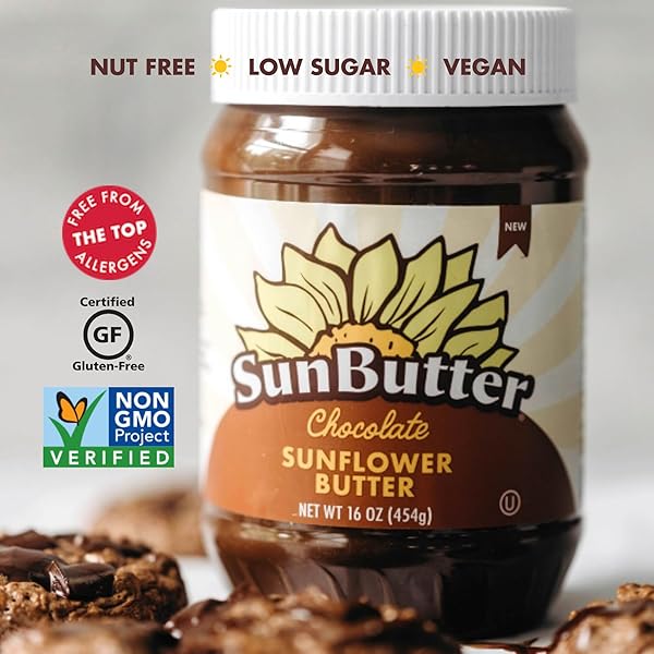 SUNBUTTER CHOCOLATE SUNFLOWER SEED BUTTER, 16 OZ NUT-FREE SPREAD WITH 7G PLANT-BASED PROTEIN, ROASTED RICH & SAVORY FLAVOR, SMOOTH TEXTURE | VEGAN, KOSHER & NON-GMO